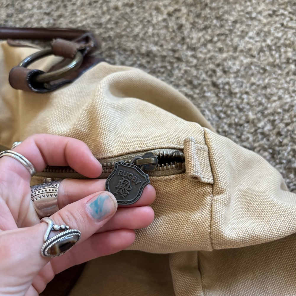 Vintage Rugby Ralph Lauren Khaki Canvas & Leather Small Duffle Tote Bag Monogram - Picture 10 of 16